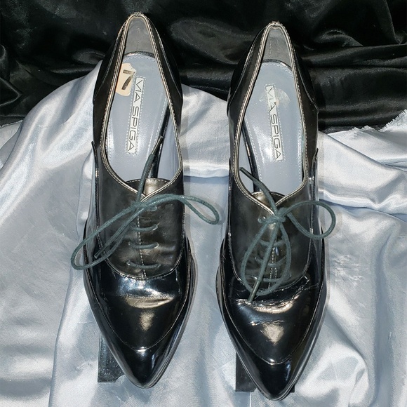 VIA SPIGA black patent lace up heels ankle boots SZ 7 - Picture 2 of 4
